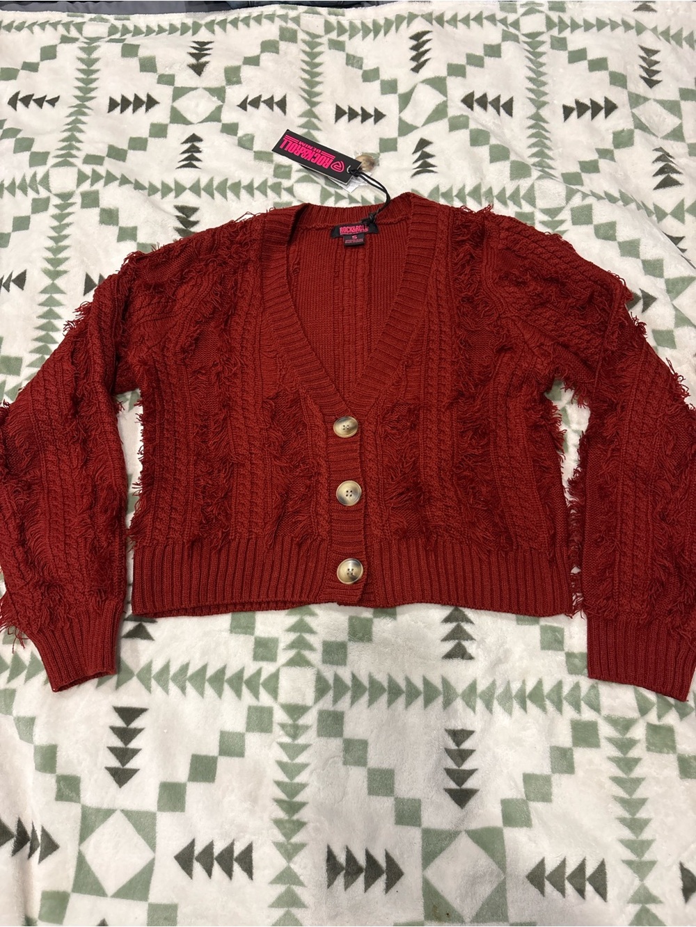 Rock & Roll Red Distressed Cable-Knit Button Cardigan Sweater